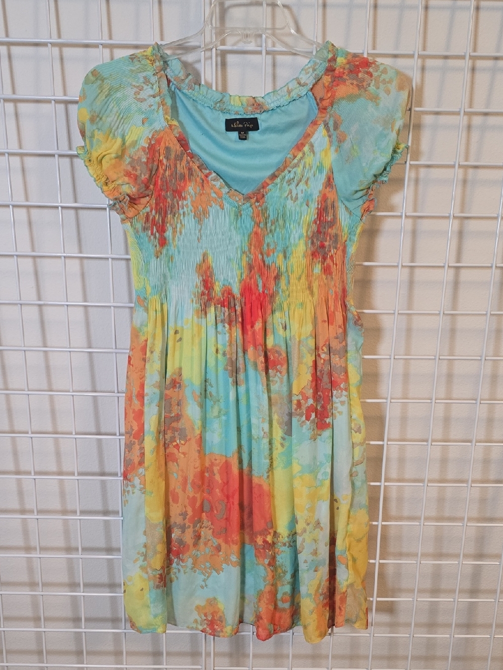 Melissa Paige Aqua, Orange, Yellow Floral Abstract V-Neck Midi Dress Size Medium